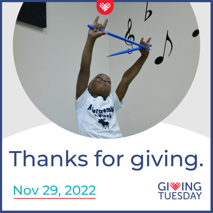 GivingTuesday promo, kid with hands in air